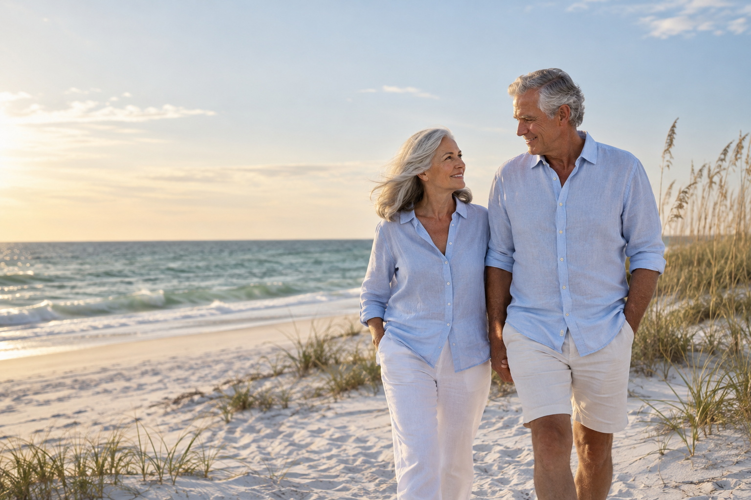 An older couple enjoying a quiet walk along the Gulf Coast